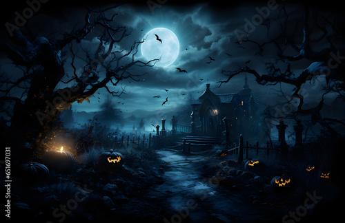 Jack O' Lanterns In Graveyard In The Spooky Night - Halloween Backdrop