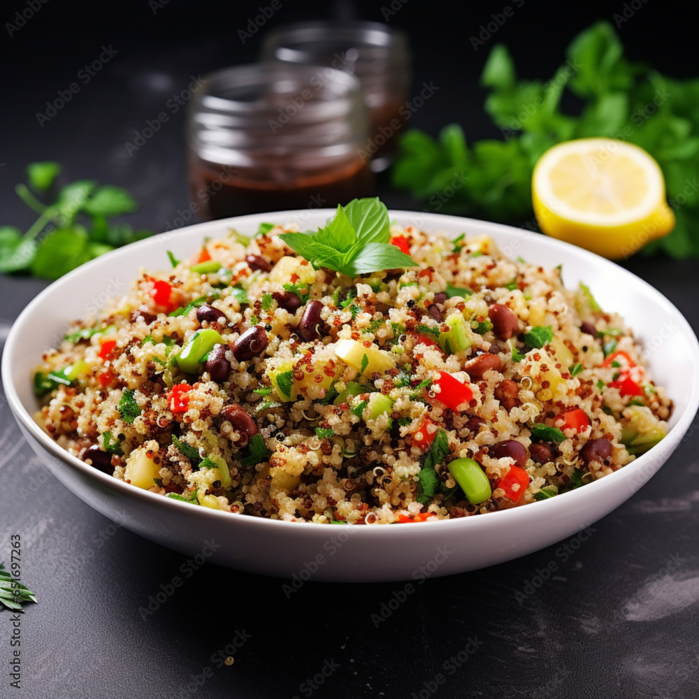 Quinoa Salad with Beans healthy food white backgroun, generative ai. Quinoa Salad with Beans healthy food white backgroun, generative ai.