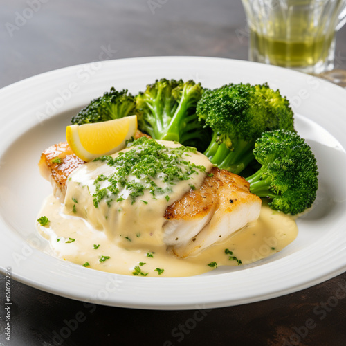 Fish fillet with lemon sauce and steamed broccoli he, generative ai.