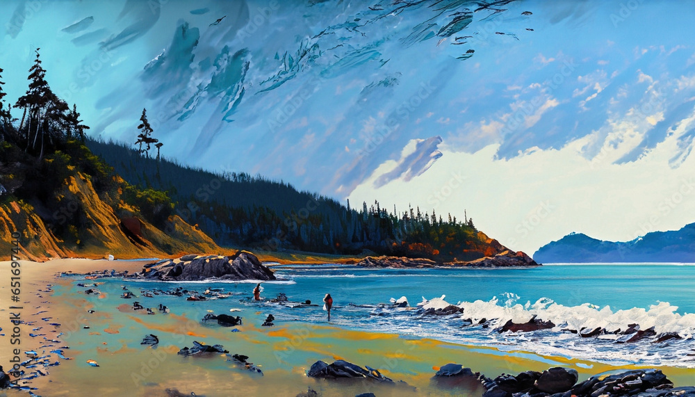 Painting of the coastline of Vancouver Island in British Columbia, Canada - obrazy, fototapety, plakaty 