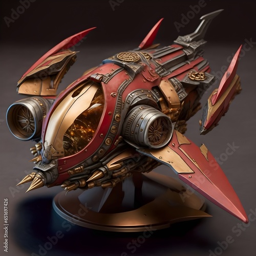 Dwarven Starfighter Bronze and red It has an antannae Single person craft Bulky made of cumes Steampunk  photo