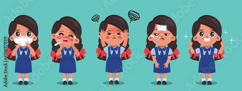 Indian kid student symptom of sick character. Bharat cartoon children to school.