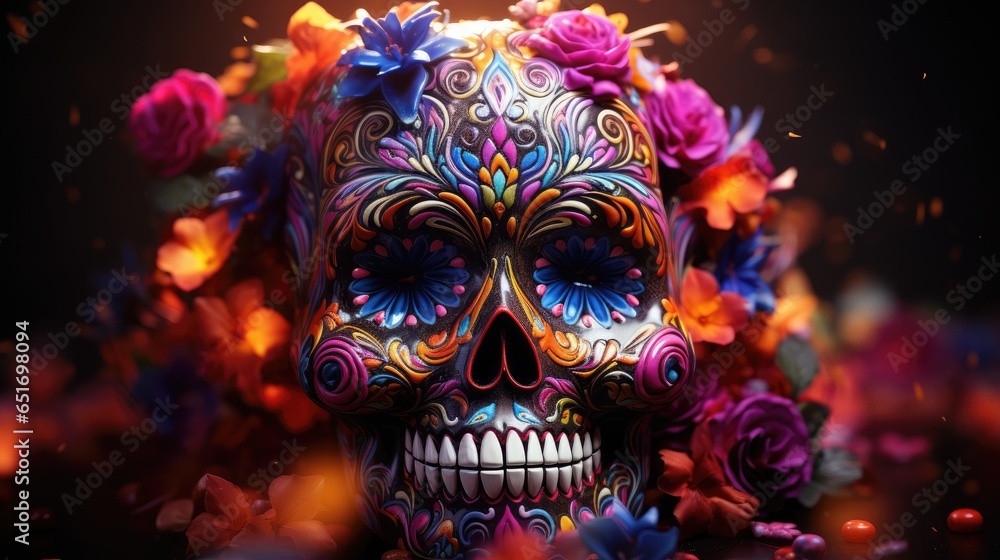 Skull painted in theme of the Day of the Dead (Día de Muertos) Skull painted in theme of the Day of the Dead (Día de Muertos)