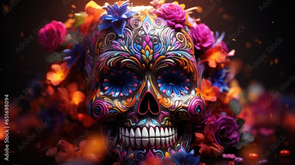 Skull painted in theme of the Day of the Dead (Día de Muertos)