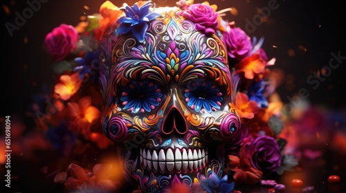 Skull painted in theme of the Day of the Dead  D  a de Muertos 