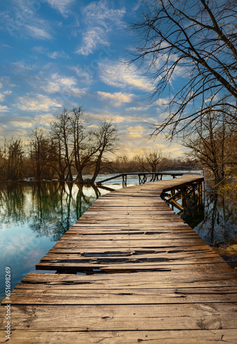 Wooden bridge over the river Una on the Brvice river beach in Town of Bihac