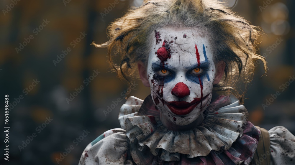 Close up of scary crazy clown