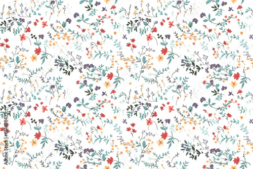 Floral botanical texture pattern with flowers and leaves. Seamless pattern can be used for wallpaper, pattern fills, web page background, surface textures.
