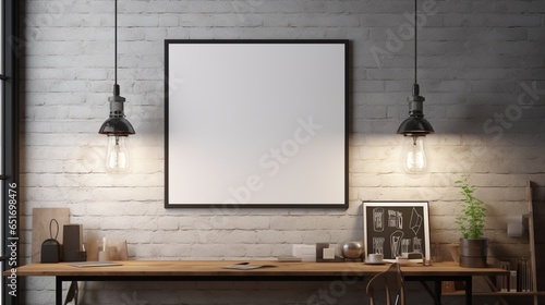  Mockup poster blank frame, hanging on marble wall, above industrial workbench, Creative studio