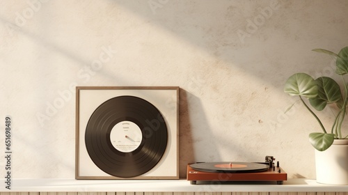 A Mockup poster blank frame, hanging on marble wall, above vintage record player, Nostalgic vinyl lounge