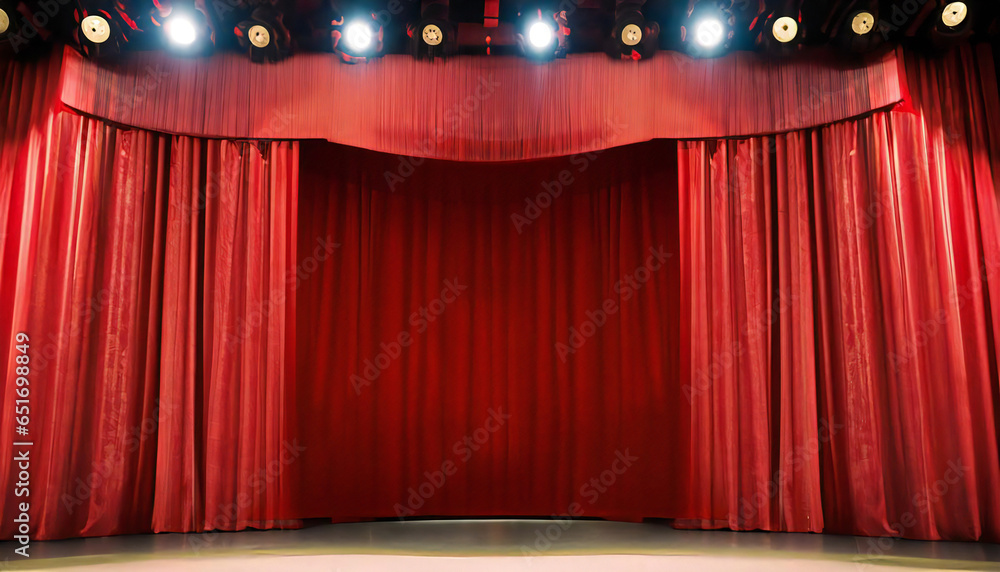 高級感のある赤いドレープカーテン。授賞式のステージカーテン。赤いカーテン。Luxurious red drape curtains. Award ceremony stage curtain. red curtains. - obrazy, fototapety, plakaty 