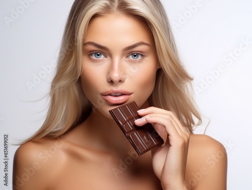 Close up of a beautiful girl biting chocolate bar joyfully isolated on white  studio shot.