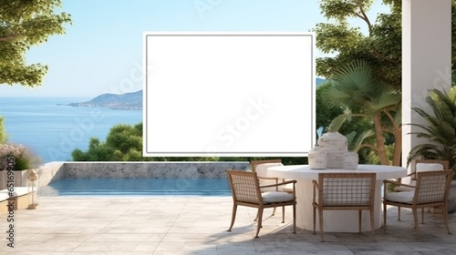 o A Mockup poster blank frame, hanging on marble wall, above mosaic dining table, Mediterranean terrace