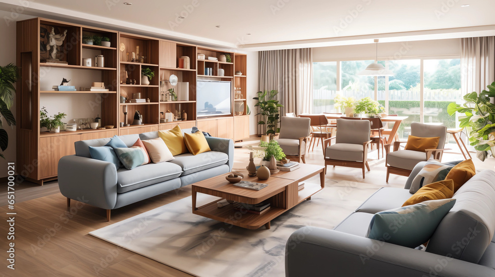 A spacious living area with dedicated zones for multi-generational living, from a baby's play area to a comfortable recliner for the elderly, reflecting the trend of extended families living together.