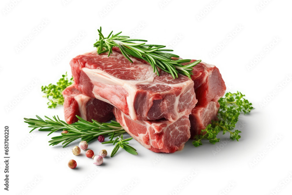 Lamb Ribs meat and herbs isolated on white, Generative AI Lamb Ribs meat and herbs isolated on white, Generative AI