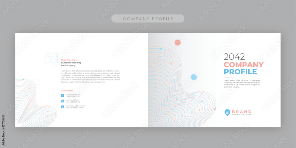 Unique Corporate modern bi fold landscape company profile and brochure template annual report or book cover design.