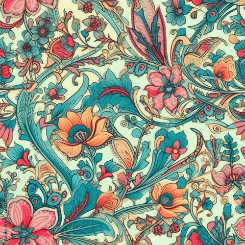 Jasmine flowers and paisley motifs inter woven seamless pattern, AI Generated