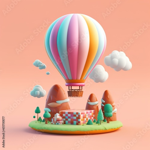 Colorful air balloon flying on a pink background