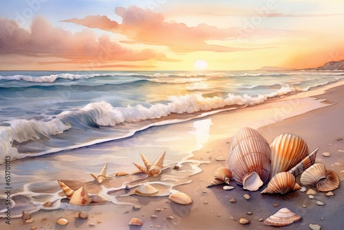 watercolor painting sunset on the beach with waves.