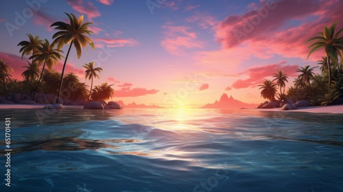 Wide calm sea, sunset. Small island with palm trees visible in the distance