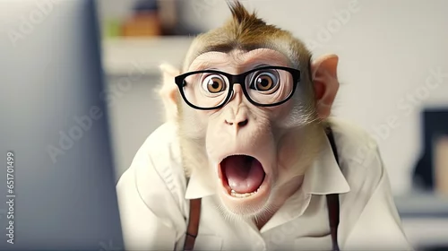 Obraz Anthropomorphic monkey with glasses working at a laptop in an office. Human characters through animals. Creative idea. Shocked, startled or frightened look with wide open mouth and bulging eyes.