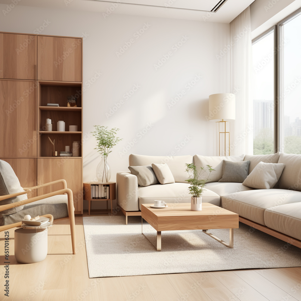 Fototapeta premium Rustic sofa and side table, potted houseplants against wall with poster, scandinavian home interior design of modern living room. generative AI
