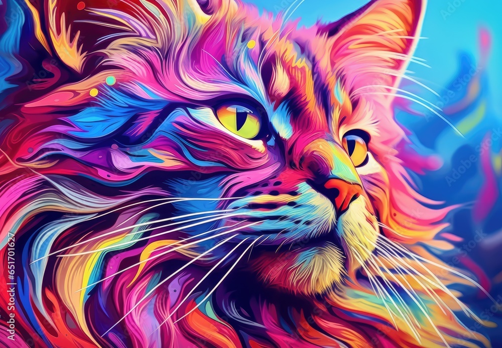 Close-up of a cat's face with bright multicolored fur. Illustration for cover, card, postcard, interior design, decor or print. Close-up of a cat's face with bright multicolored fur. Illustration for cover, card, postcard, interior design, decor or print.