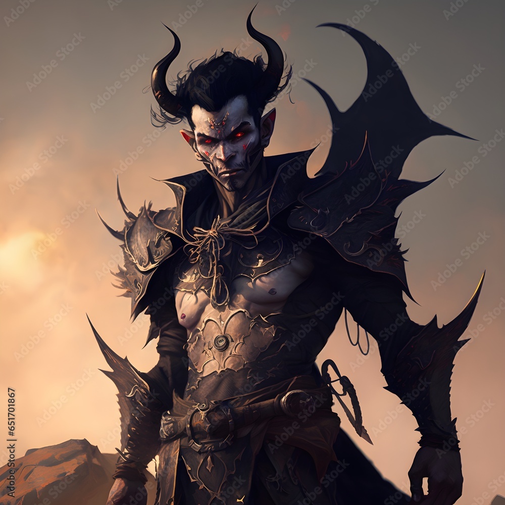 character design beautiful tiefling male in with black hair standing on ...