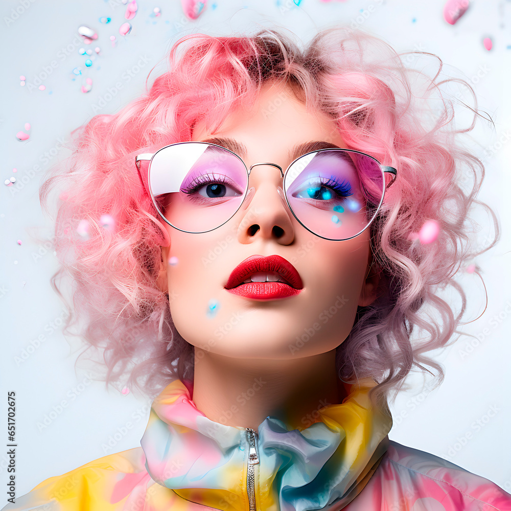 Close up photo of girl in glasses in the style of electric dream isolated on white background