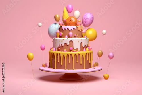 Birthday cake with sprinkles and candles on a pink background with copyspace