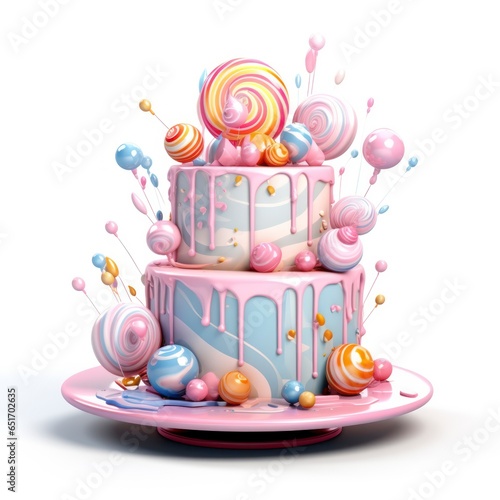 Birthday cake in the style of electric dream isolated on white background