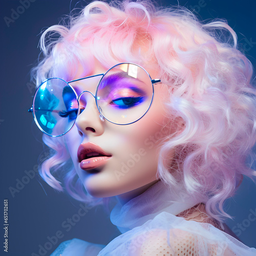Close up photo of girl in glasses in the style of electric dream isolated on white background
