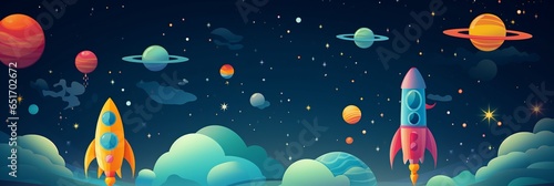Journey through the stars with this dynamic kids' wallpaper, featuring lively rockets in an innovative flat design. Bursting with color and imagination, this design propels youthful spaces