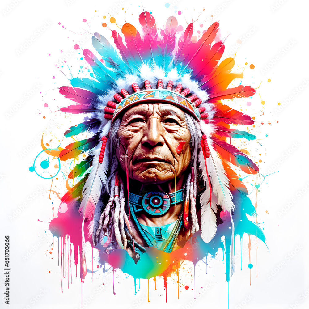 Old native american indian in the style of electric dream isolated on white background