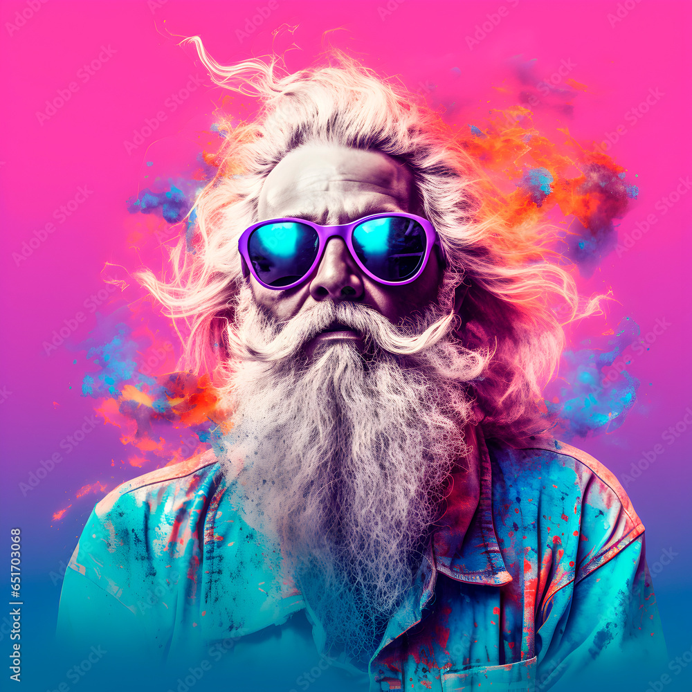 Old man fashion photo in the style of electric dream isolated on white background