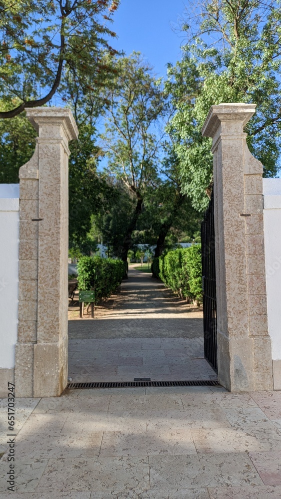 Fototapeta premium Large tall narrow gate entrance to the backyard garden