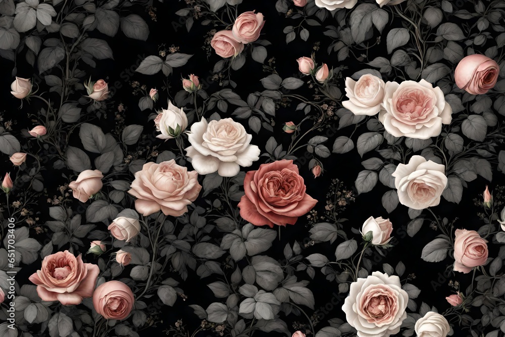 custom made wallpaper toronto digitalA captivating wallpaper adorned with intricate rose floral illustrations graces the scene. Against a seamless black background, the exquisite blooms stand out in vibrant contrast