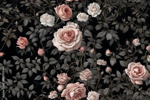 A captivating wallpaper adorned with intricate rose floral illustrations graces the scene. Against a seamless black background, the exquisite blooms stand out in vibrant contrast