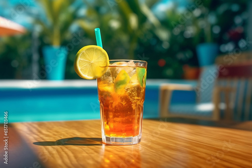 Delicious refreshing summer drink  iced tea on a table. Sunshine background