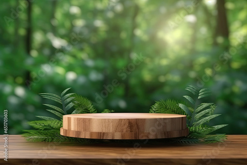 Wooden product display podium with blurred nature leaves on green background 3d rendering