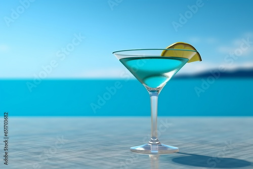 Transparent glass of fresh cocktail with lemon placed on surface against blue background