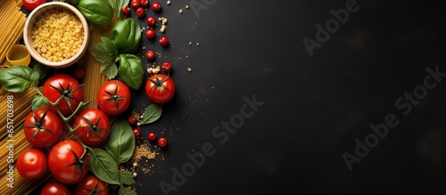 Italian cuisine ingredients Pasta tomatoes basil View from above with blank area