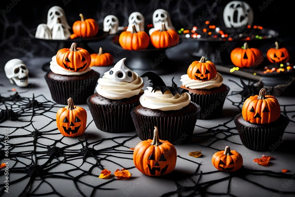 A delightful display presents a Group of Halloween cupcakes and decorations. The cupcakes, each adorned with intricate designs of spiders, ghosts, and pumpkins, sit atop a table covered in a black tab A delightful display presents a Group of Halloween cupcakes and decorations. The cupcakes, each adorned with intricate designs of spiders, ghosts, and pumpkins, sit atop a table covered in a black tab