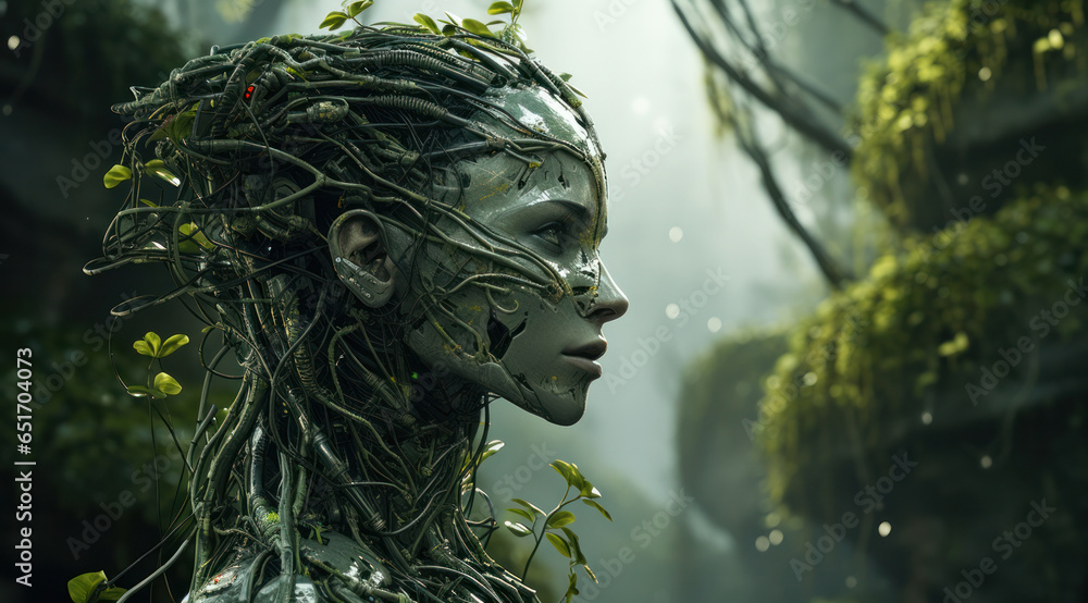 A female green robot with AI covered in leaves and vines. The fusion of technology and nature. Saving the environment, Generative AI