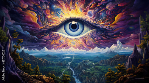 Third Eye looking over a green landscape with valley, mountains, and river. Psychedelic visions, meditation, hallucinations, and lucid dreaming concepts.