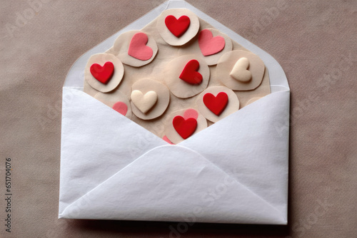 A white envelope with a heart - shaped lid is filled with a small amount of red hearts