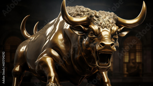 A massive bronze bull serves as the symbol of the Bull Market on the stock exchange, representing the rise of the stock index and the economy, Generative AI