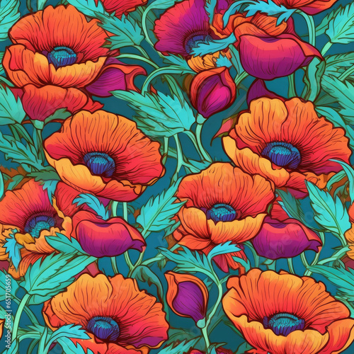 Vibrant poppy flowers in a repeating  seamless pattern  AI Generated