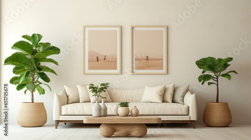 Living room with a single sofa and green plant vases in a beige palette 