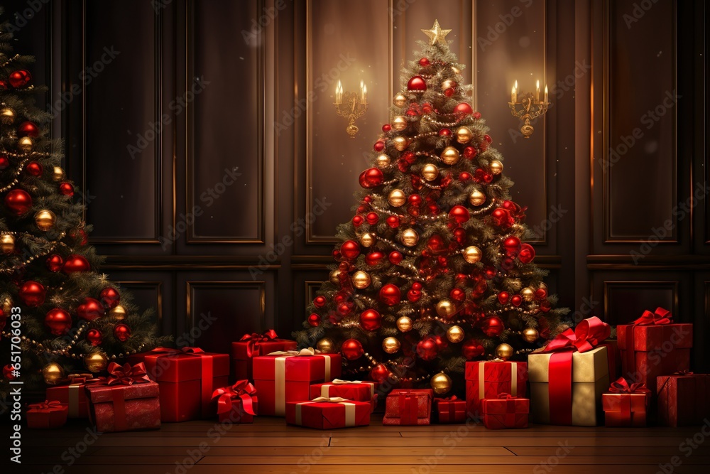 Merry Christmas holiday celebration greeting card background - Christmas tree with red noble luxurious christmas ornaments, christmas baubles and gibt boxes and presents on floor | Generative AI